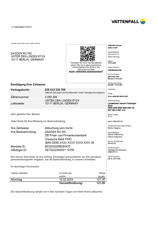 Germany VATTENFALL business utility bill template in Word and PDF formats